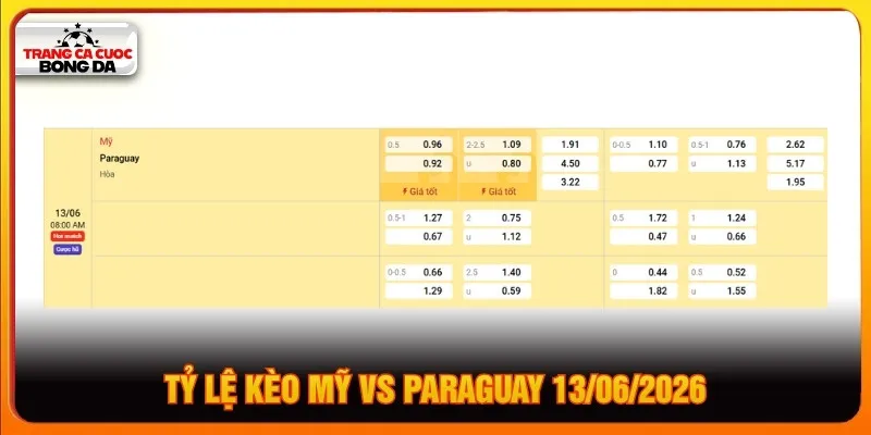 Tỷ lệ kèo Mỹ vs Paraguay 13/06/2026